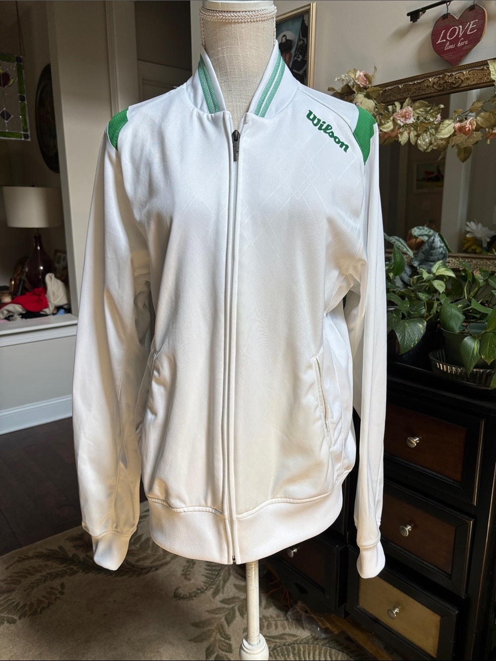 Wilson Women’s Large White Green Tennis Warm Up Track Jacket Full Zip EUC